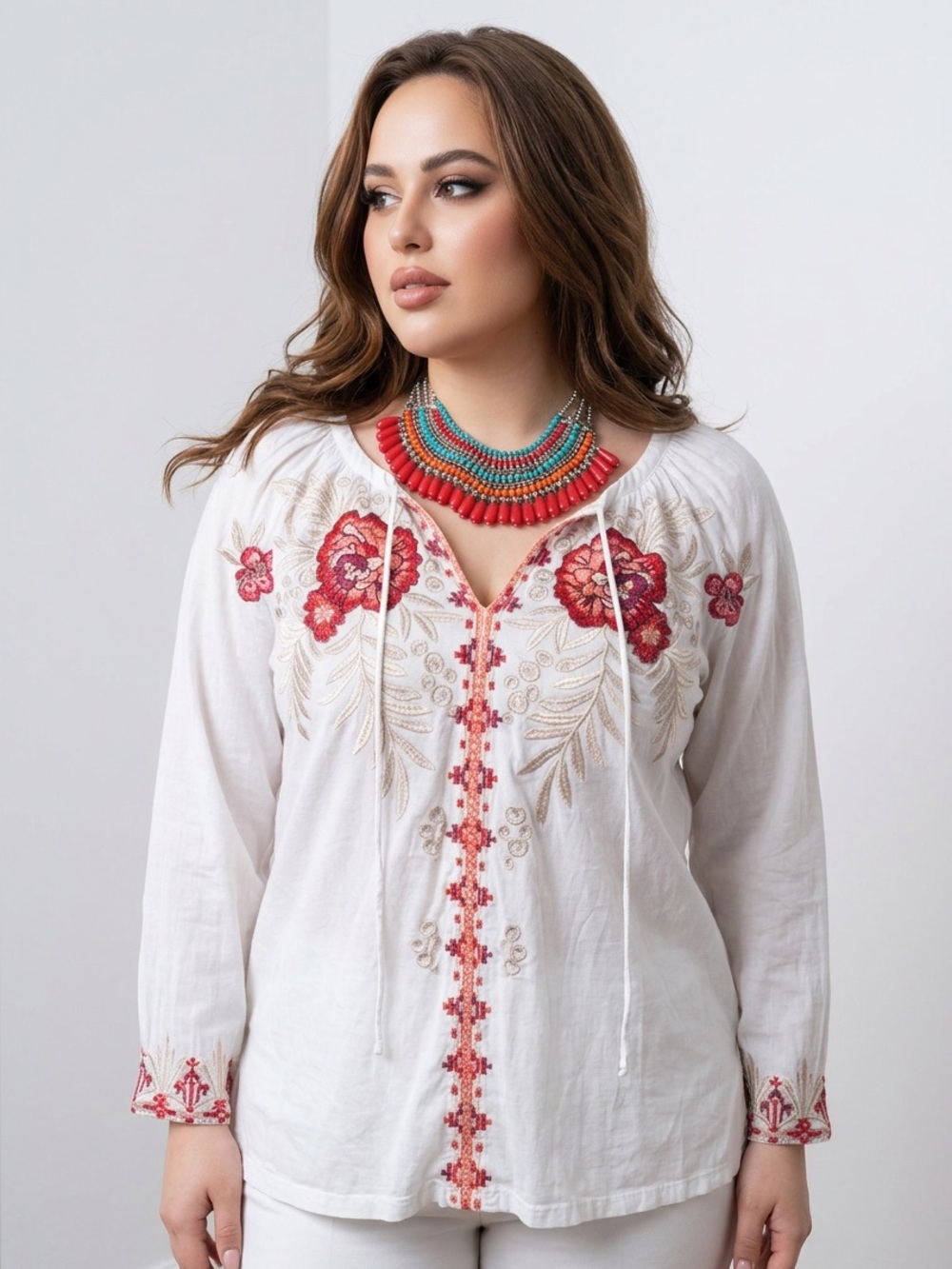 Johnny Was Cream Blouse with Red Floral Embroidery